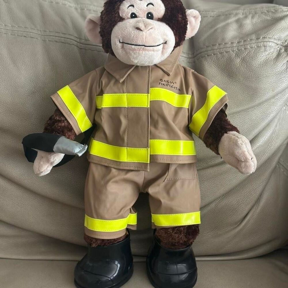 Build-A-Bear plush firefighter monkey in fireman’s suit, BABW stuffed animal toy